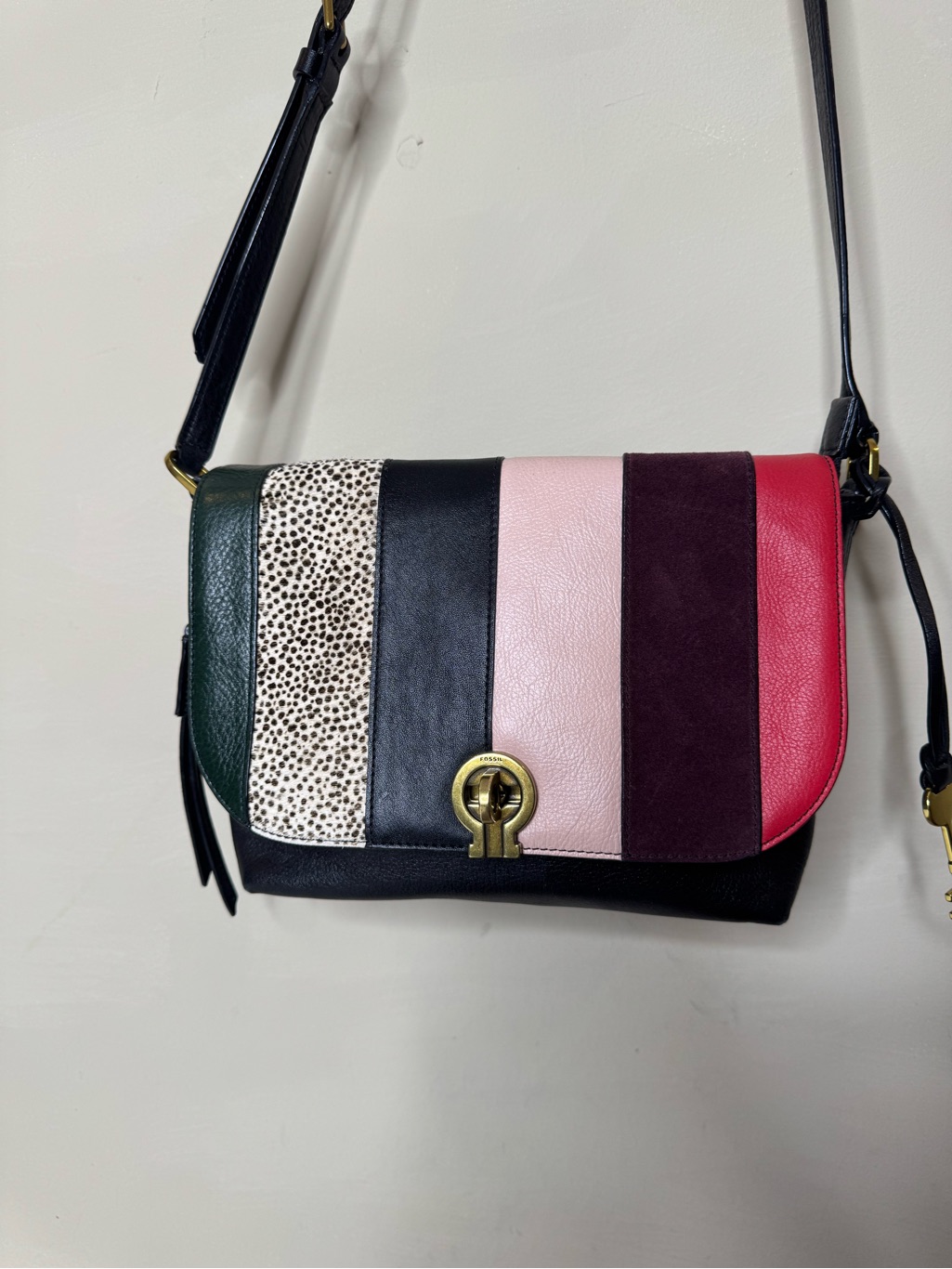 Fossil Colorblock Leather Crossbody Bag Haircalf Leopard Print Turn Lock Purse